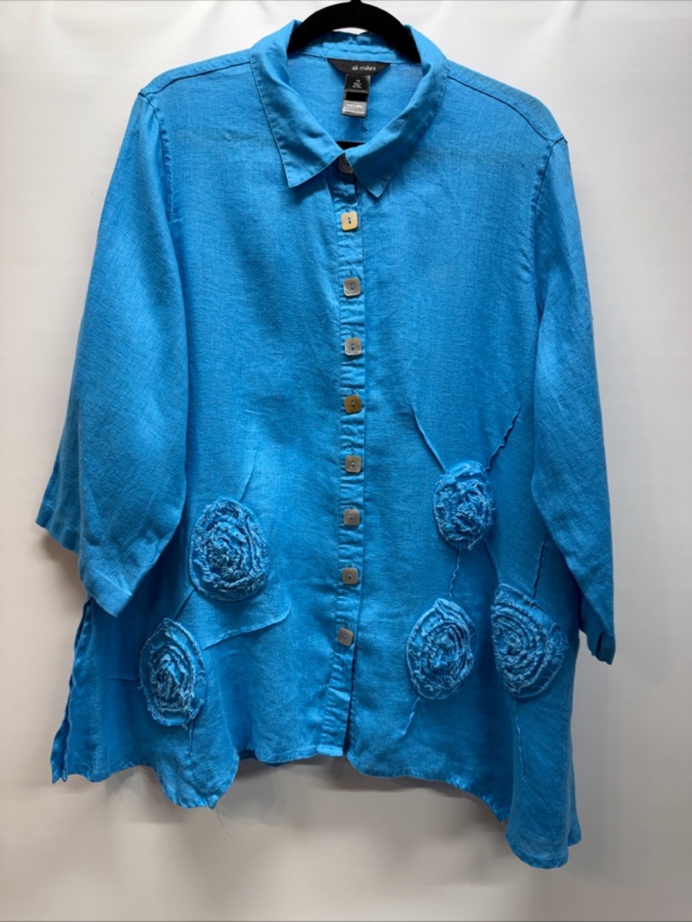 Ali Miles Blue 100% Linen Tunic Top Blouse Sz 1X 3/4 Slv Lagenlook Art Appliqué